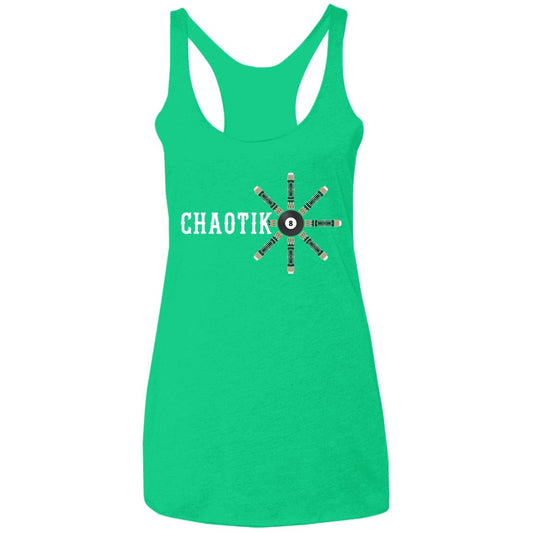 Ed Walden's Bar Chaotik green racerback tank top women's apparel with pool cue 8-ball design